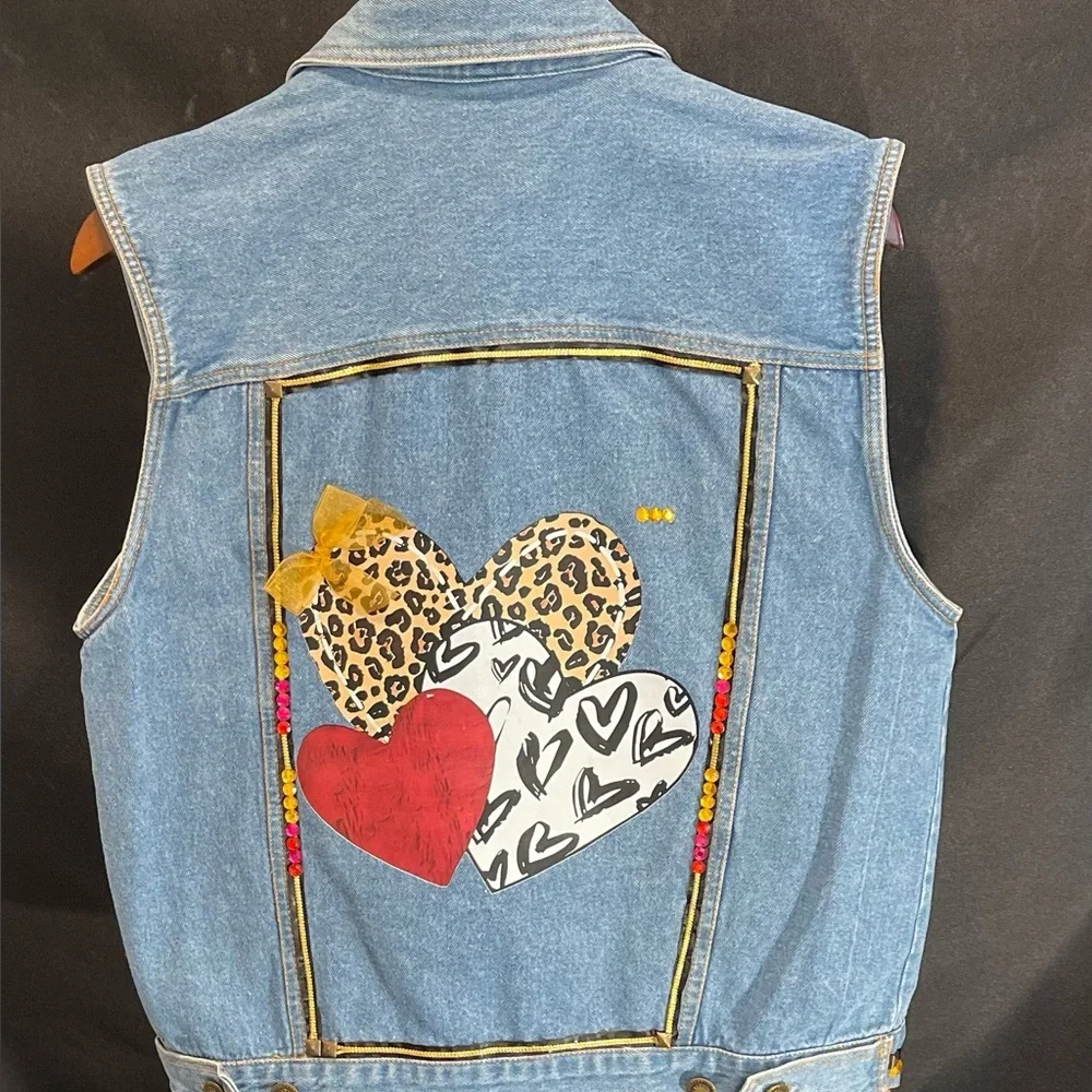 Denim Vest Upcycled Hand Embellished Leopard Print Size Medium - Picture 3 of 6